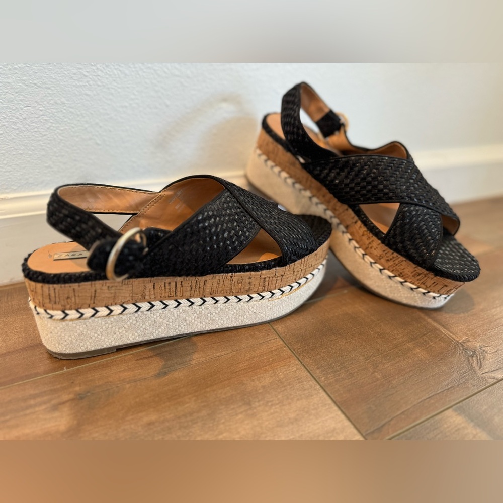 Zara platform espadrilles black and white with buckle closure and cork platform